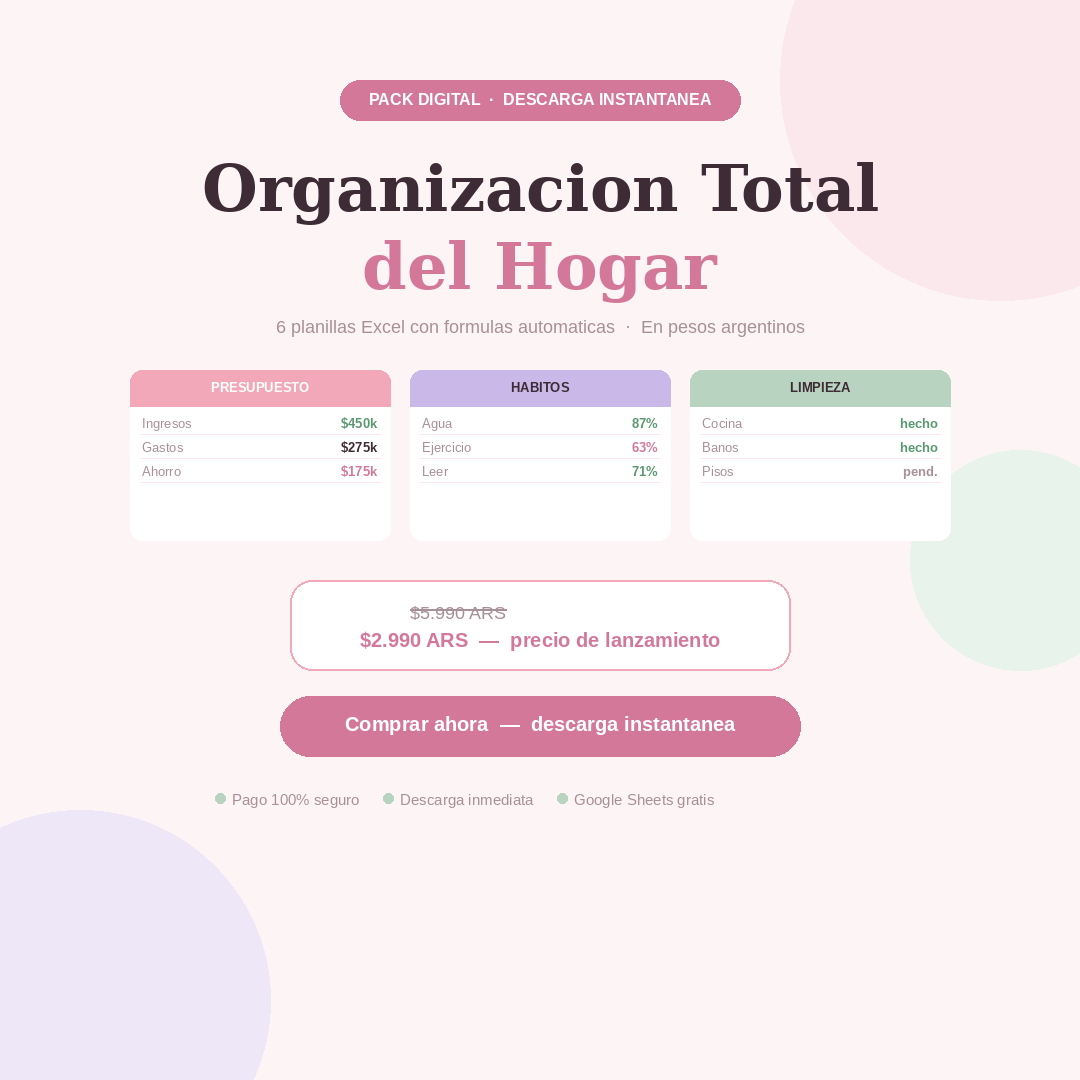 Pack Organización Total del Hogar | 6 Planillas Excel con Fórmulas Automáticas