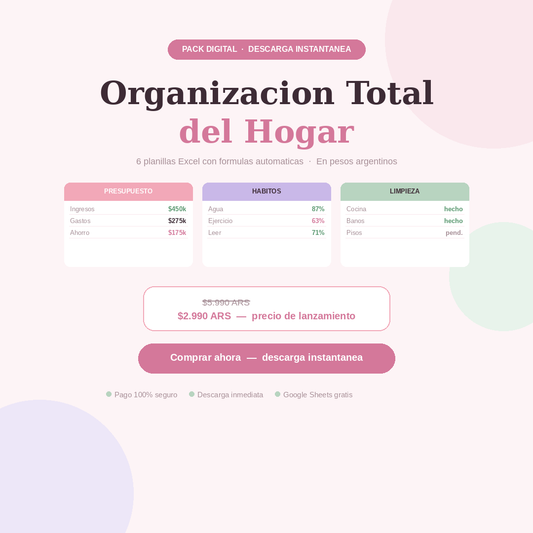 Pack Organización Total del Hogar | 6 Planillas Excel con Fórmulas Automáticas